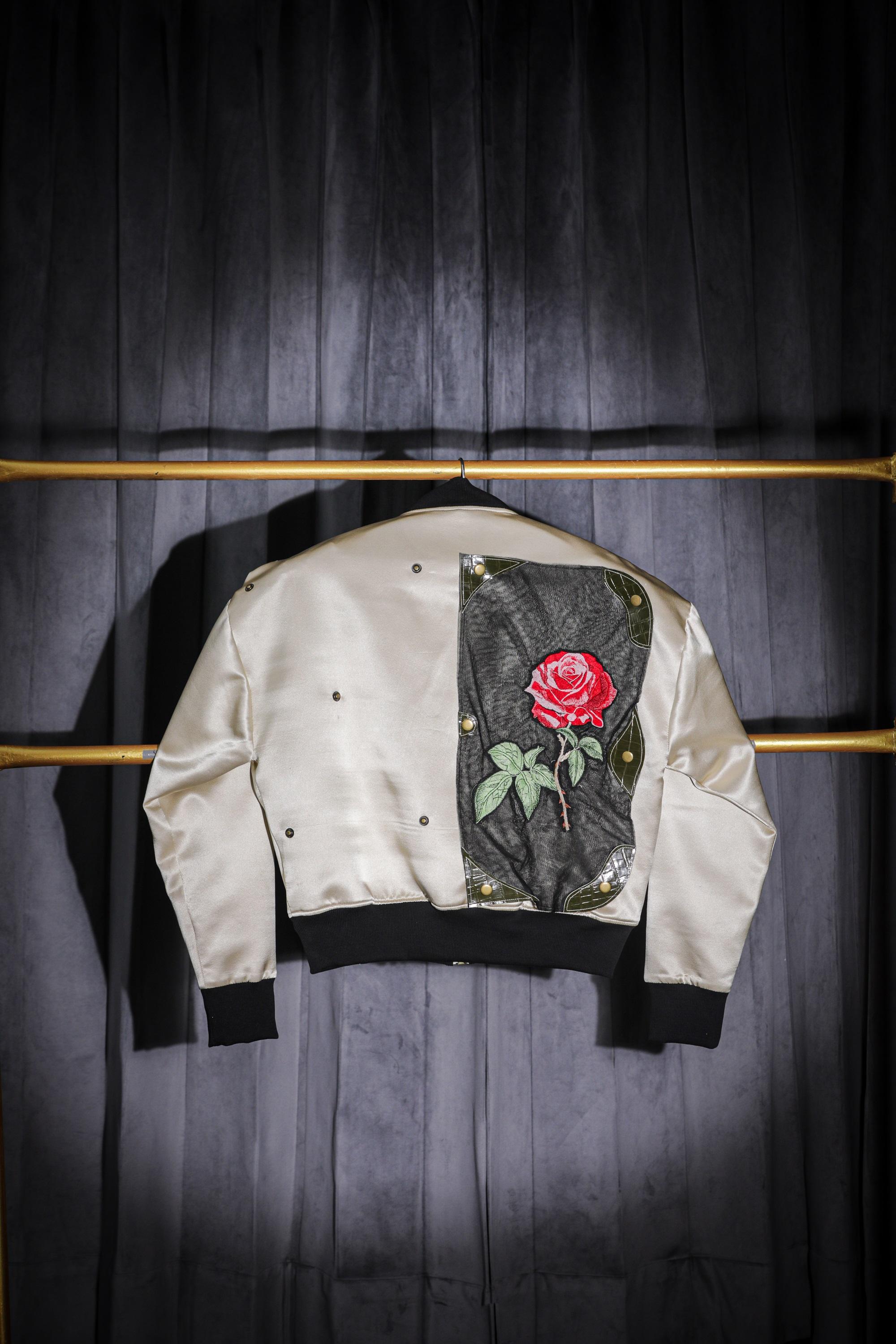 Champagne Beige Silk Bomber <br> Artwork : [Rose]