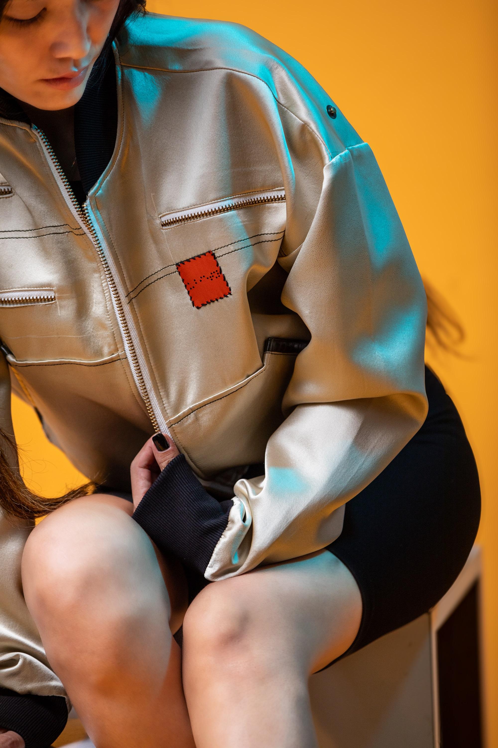 Champagne Beige Silk Bomber <br> Artwork : [Rose]