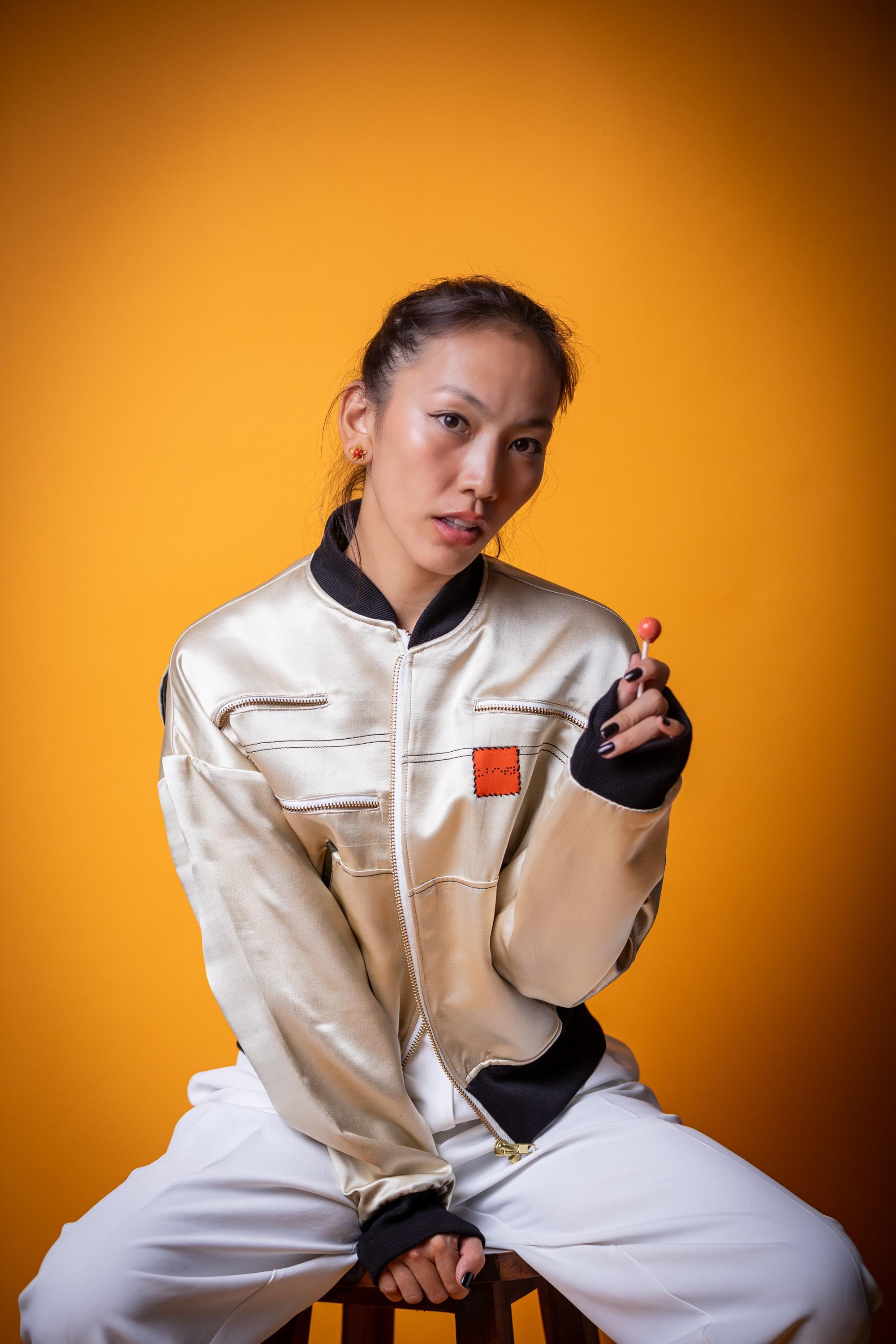 Champagne Beige Silk Bomber <br> Artwork : [Rose]