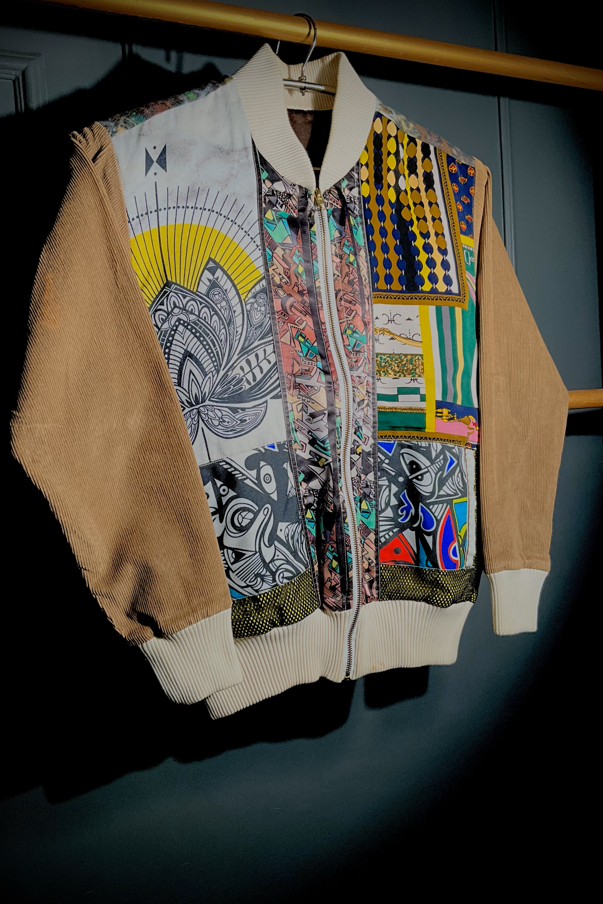Saddle Brown Corduroy Bomber <br>  Artwork : [Upcycled]